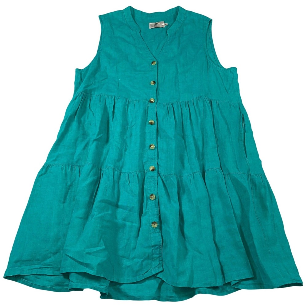 Teal Green 100% Linen Tiered Babydoll Tunic Top Sleeveless XL Fabulous! NYC